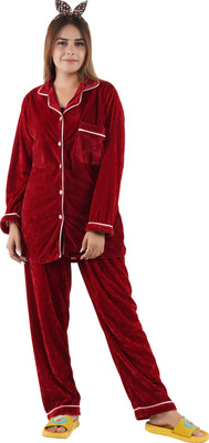 NACNO Women Solid Maroon Shirt & Pyjama set