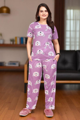 FASHION GREAB Women Printed Pink Top & Pyjama Set