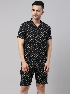 Bushirt Men Printed Black Night Suit Set