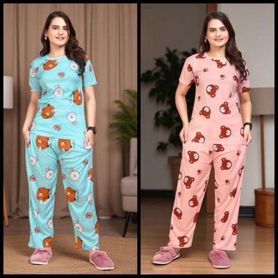 FASHION GREAB Women Printed Pink Top & Pyjama Set