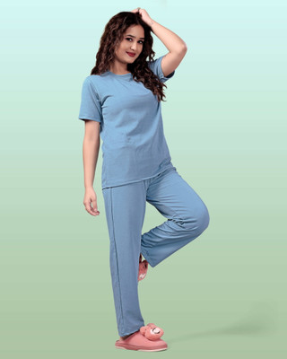 SAKARMAA Women Solid Light Blue Top & Pyjama Set