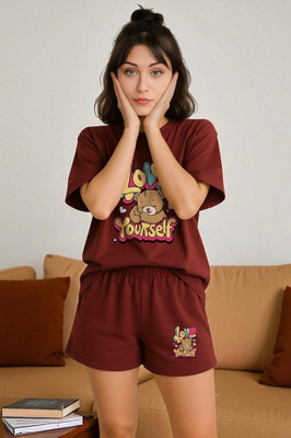 Elvia Women Printed Maroon Top & Shorts Set