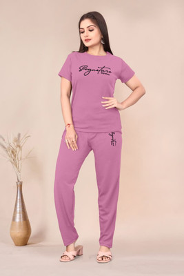 Kiaaa Women Printed Pink Night Suit Set