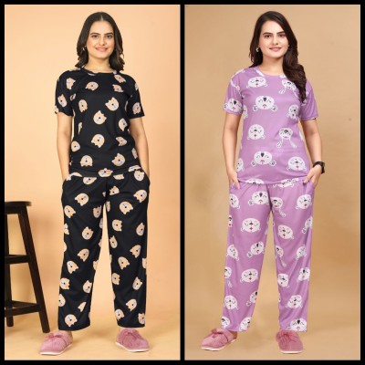 FASHIONGRAB Women Printed Black, Pink Night Suit Set