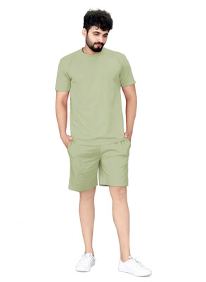 Qosha Men Solid Light Green Night Suit Set