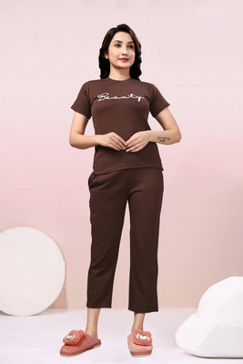 PTELRA Women Printed Brown Night Suit Set