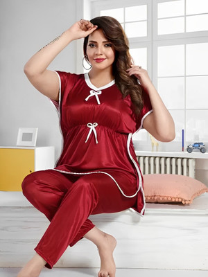 Endrilla Women Solid Maroon Top & Pyjama Set