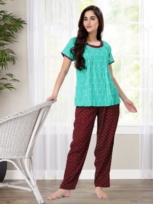 RibNee Women Printed Green Night Suit Set