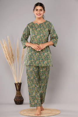 DreamBe Women Floral Print Green Top & Pyjama Set