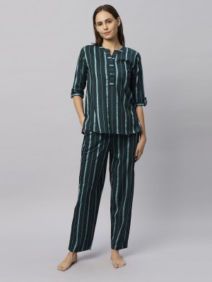 QUIRA Women Striped Green Shirt & Pyjama set