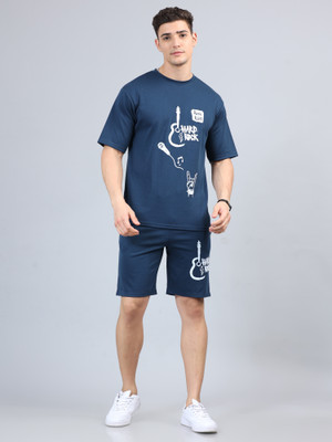 Bushirt Men Printed Dark Blue Top & Shorts Set