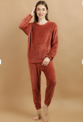 BELSHY Women Solid Maroon Night Suit Set