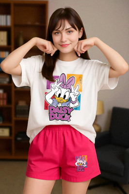 Elvia Women Printed Pink, White Top & Shorts Set