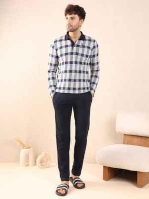 SWEET DREAMS Men Checkered Dark Blue Top & Pyjama Set