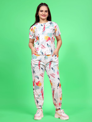 SAKARMAA Women Printed Multicolor, White Night Suit Set