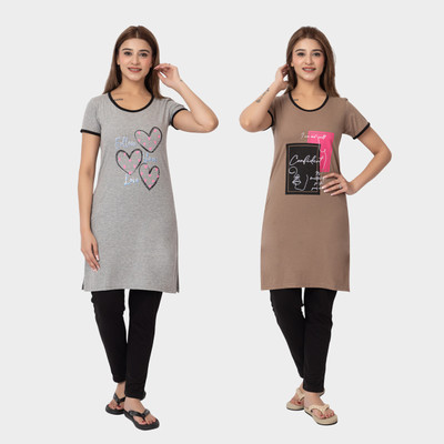 GEE 5 Women Graphic Print Grey, Beige Top & Pyjama Set