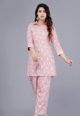 MintMarie Women Printed Pink Night Suit Set