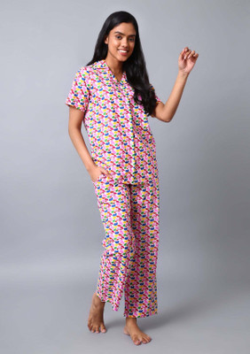 Labelkuhoo Women Printed Pink Night Suit Set