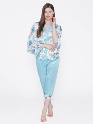 PHALIN Women Floral Print Light Blue Top & Capri Set