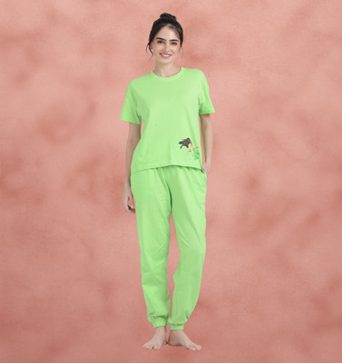 shyaway Women Printed, Solid Green Top & Pyjama Set