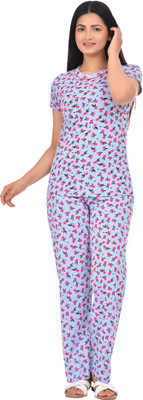 Digsel Cool Cotton Women Graphic Print, Printed Light Blue Top & Pyjama Set