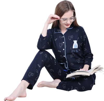 The Sleep Intimo Women Solid Blue Shirt & Pyjama set