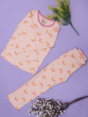 V-MART Girls Printed Pink Night Suit Set