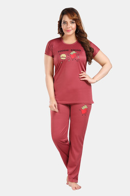 Fabme Women Self Design Red Top & Pyjama Set