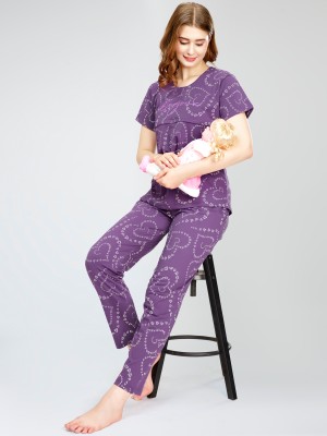 ZEYO Women Printed Purple Top & Pyjama Set