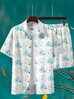 THEBROSSCO Men Floral Print White Top & Shorts Set