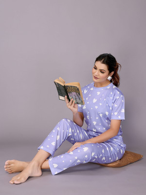 HouseOfCommon Women Printed Purple Night Suit Set