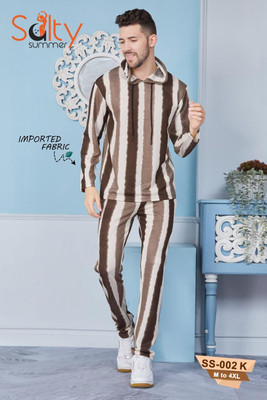 Saltysummer Men Printed Brown, White Night Suit Set