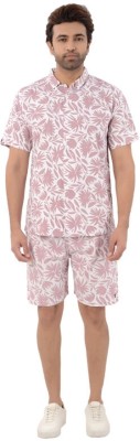 FOXPLAY Men Printed Pink, White Night Suit Set