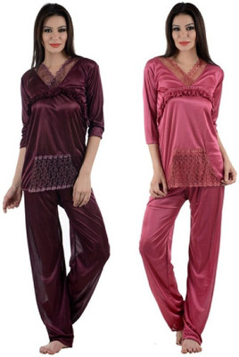 Boosah Women Solid Brown, Pink Top & Pyjama Set