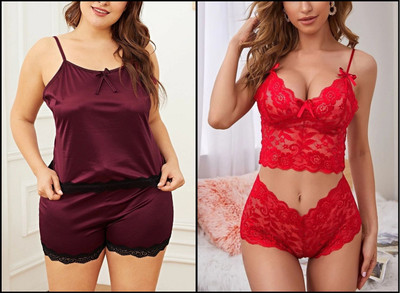 PHALIN Women Solid Maroon, Red Top & Shorts Set