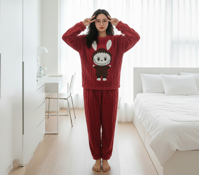 TIARA WORLD Women Embroidered Maroon Night Suit Set