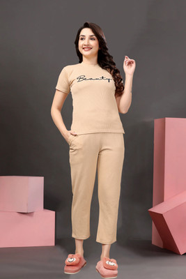 PTELRA Women Printed Beige Night Suit Set