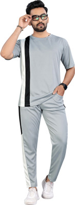 NISPRUH Men Striped Grey Night Suit Set