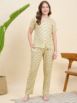 ANJIR Women Printed Yellow Shirt & Pyjama set