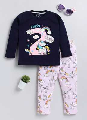 Lazy Shark Girls Graphic Print Blue Night Suit Set