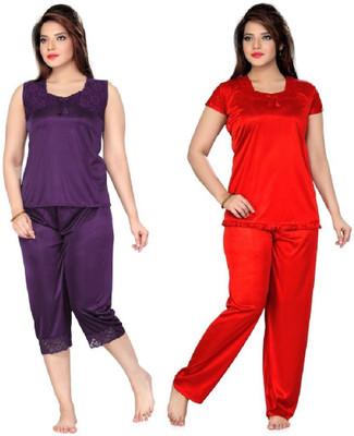 Boosah Women Solid Purple, Red Top & Pyjama Set