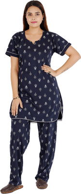 INSTRY Women Applique Blue Night Suit Set