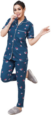 ASTRAX Women Geometric Print Blue Top & Pyjama Set
