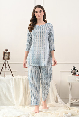 DreamBe Women Printed White, Blue Night Suit Set