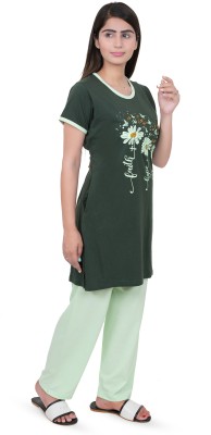 E-MAX Women Printed Dark Green, Light Green Top & Pyjama Set