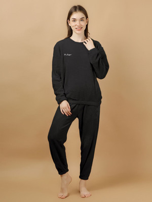 Lugo Women Solid Black Night Suit Set