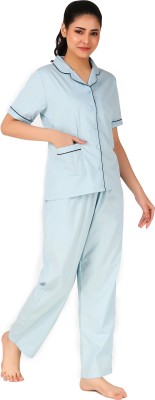 A R TRADERS Women Solid Blue Night Suit Set