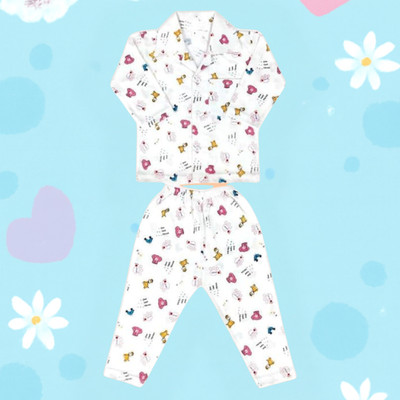 MW PRINTS Baby Boys & Baby Girls Printed White, Pink Night Suit Set