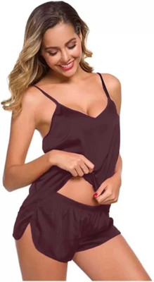 Cotovia Women Solid Brown Night Suit Set