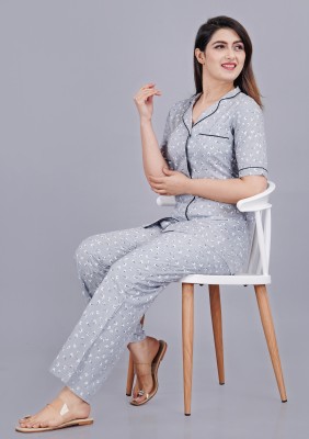 MintMarie Women Printed Silver Night Suit Set